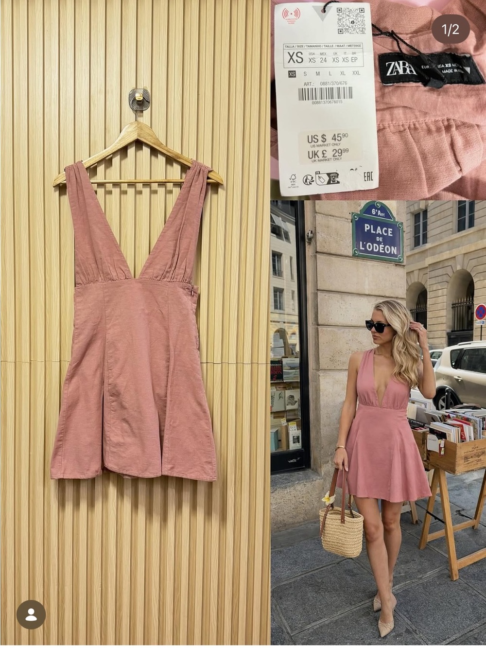 Zara NWT dusty rose deep v mini dress lace up back